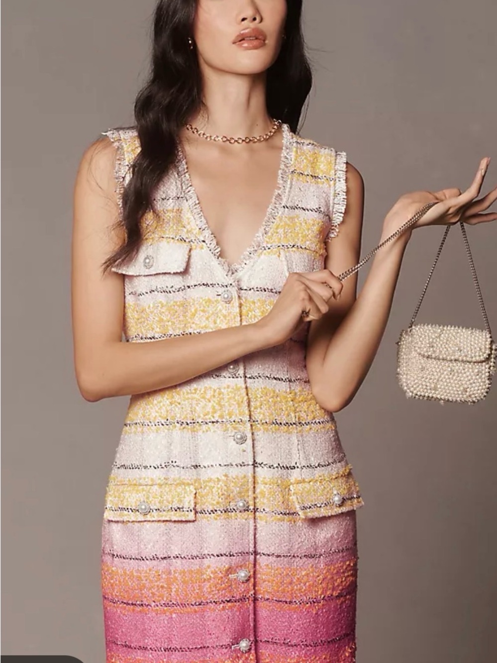 Maeve Pink & Yellow Striped Tweed Mini Dress